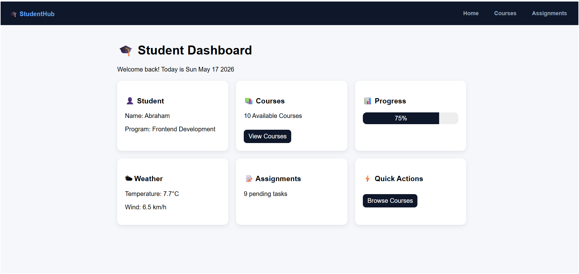 StudentHub Dashboard — React TypeScript web app screenshot